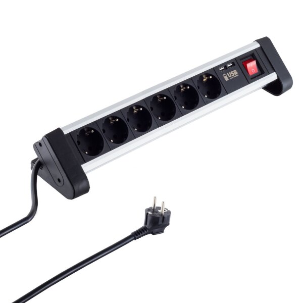 Steckdosenleiste Tisch/Office schwarz 6-fach mit 2x USB Ladefunktion